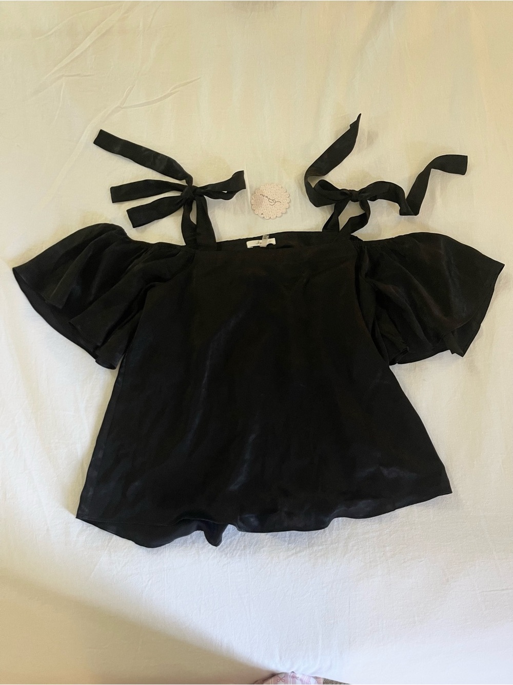 Satin black bow strap cold shoulder flowing too